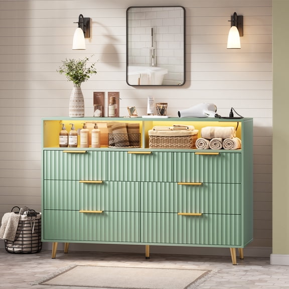 7 Drawer Dresser with Smart LED Lights, 54"Wide Modern Fluted Chest of Drawers for Bedroom, Wood Grain Storage Organizer,Dresser TV Stand for Living Room