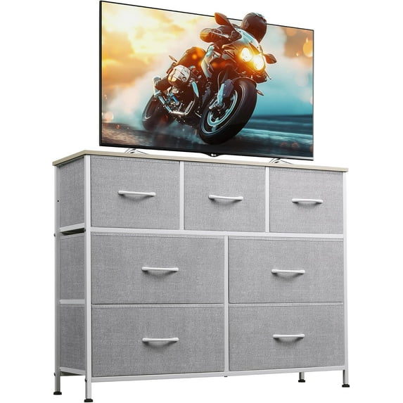 7 Drawer Dresser TV Stand, Dressers for Bedroom, Fabric Storage Tower, Hallway, Entryway, Closets, Sturdy Steel Frame, Wood Top, Easy Pull Handle,
