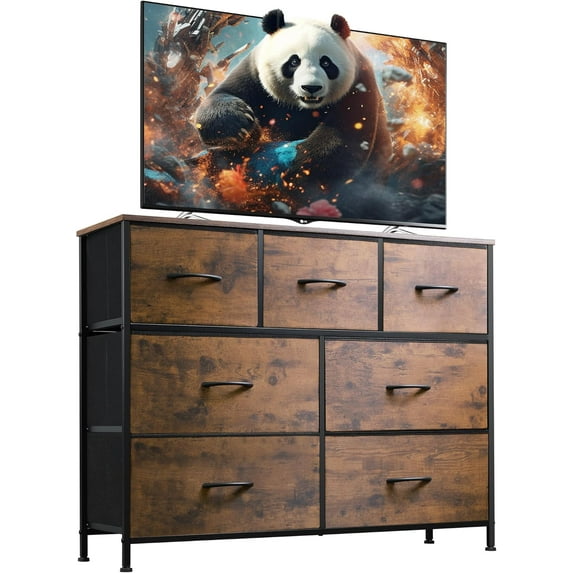 7 Drawer Dresser TV Stand, Dressers for Bedroom, Fabric Storage Tower, Hallway, Entryway, Closets, Sturdy Steel Frame, Wood Top, Easy Pull Handle