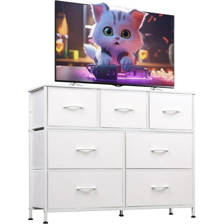 7 Drawer Dresser TV Stand, Dressers for Bedroom, Fabric Storage Tower, Hallway, Entryway, Closets, Sturdy Steel Frame, Wood Top, Easy Pull Handle,