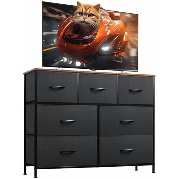 7 Drawer Dresser TV Stand, Entertainment Center, Media Console Table with Metal Frame and Wood Top for TV up to 45 inch, Chest of Drawers for Bedroom, Living Room, Black and Rustic Brown