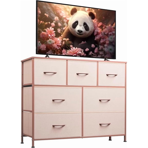 7 Drawer Dresser TV Stand, Entertainment Center, Media Console Table with Metal Frame and Wood Top for TV up to 45 inch, Chest of Drawers for Bedroom, Living Room, Pink