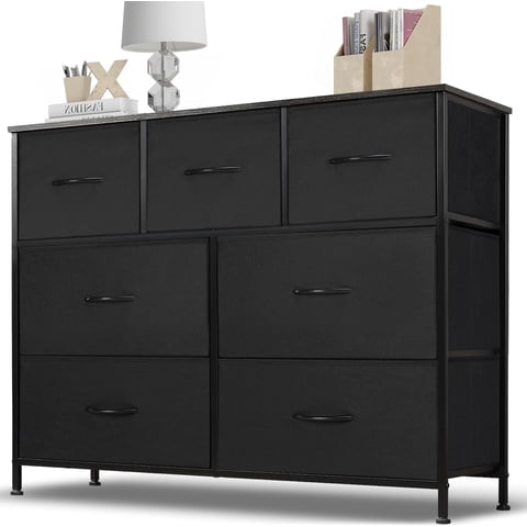 Nextay 7 Drawer Dresser, Wide Chest Of Drawers Nightstand Storage Tower Storage Dresser Fabric Dresser With Wood Top for Living Room, Bedroom, Hallway, , Black