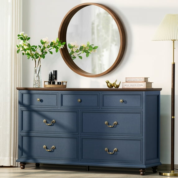 7 Drawer Dresser Wood Storage Cabinet Double Tier Chest of Drawer TV Stand for Bedroom, Living Room, Dark Blue