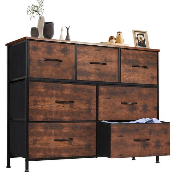 7 Drawer Dresser with Wood Top,Wide Chest Of Drawers Nightstand Storage Tower Storage Dresser Fabric Dresser for Living Room, Bedroom, Hallway, Nursery, Front Door, Rustic Brown