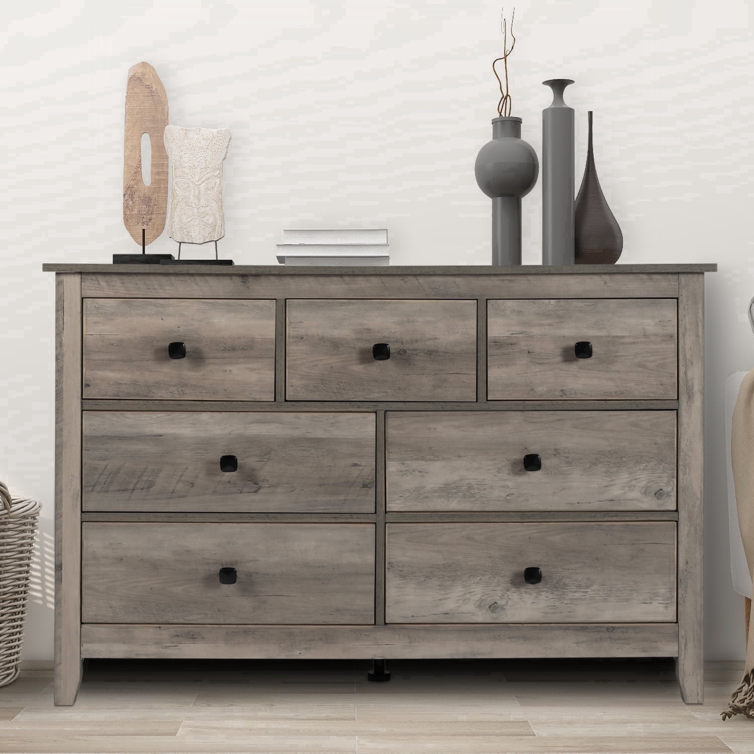 LAZZO 7-Drawer Dresser, Farmhouse Wooden Chest of Drawers for Bedroom Living Room and Hallway, Gray