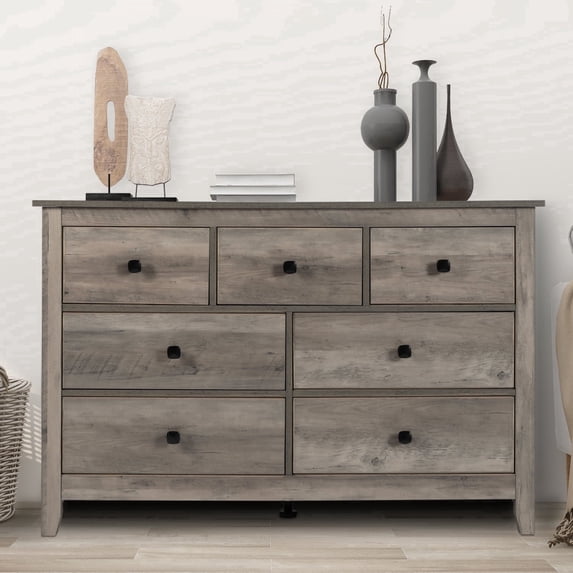 LAZZO 7-Drawer Dresser, Farmhouse Wooden Chest of Drawers for Bedroom Living Room and Hallway, Gray