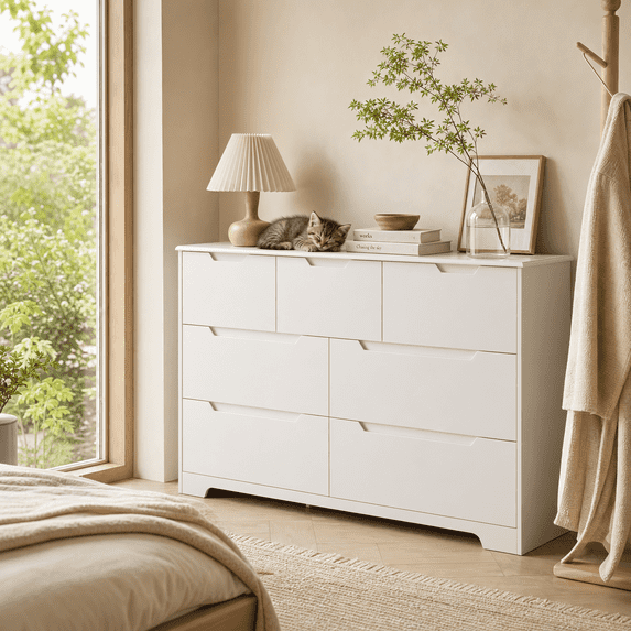 7 Drawer Dresser for Bedroom, 48" Modern Chest of Drawers with Handleless Recessed Design, White Wood Storage Organizer for Living Room Hallway