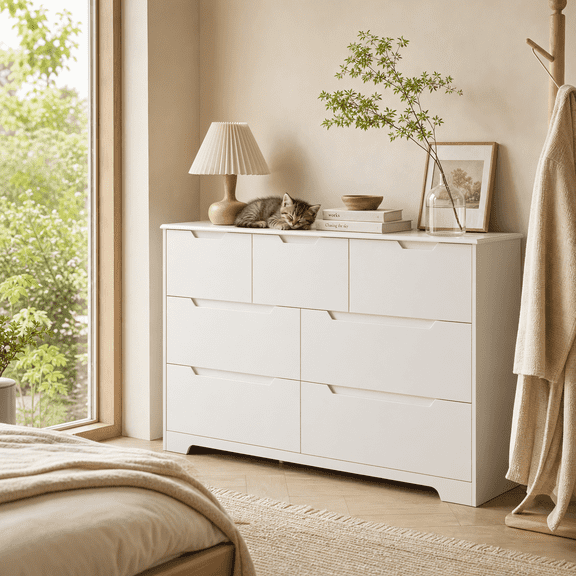 7 Drawer Dresser for Bedroom, 48" Modern Chest of Drawers with Handleless Recessed Design, White Wood Storage Organizer for Living Room Hallway