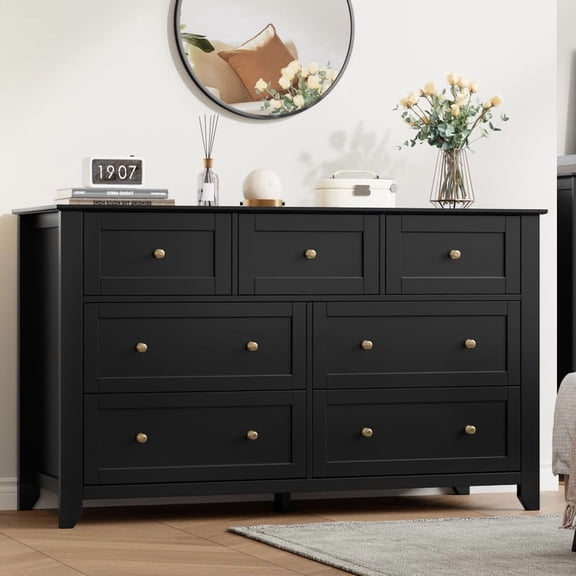 7 Drawer Dresser for Bedroom, 54" Modern Wide Dresser with Deep Drawers & Metal Knobs, Large Wooden Chests of Drawers for Entryway Hallway, Black