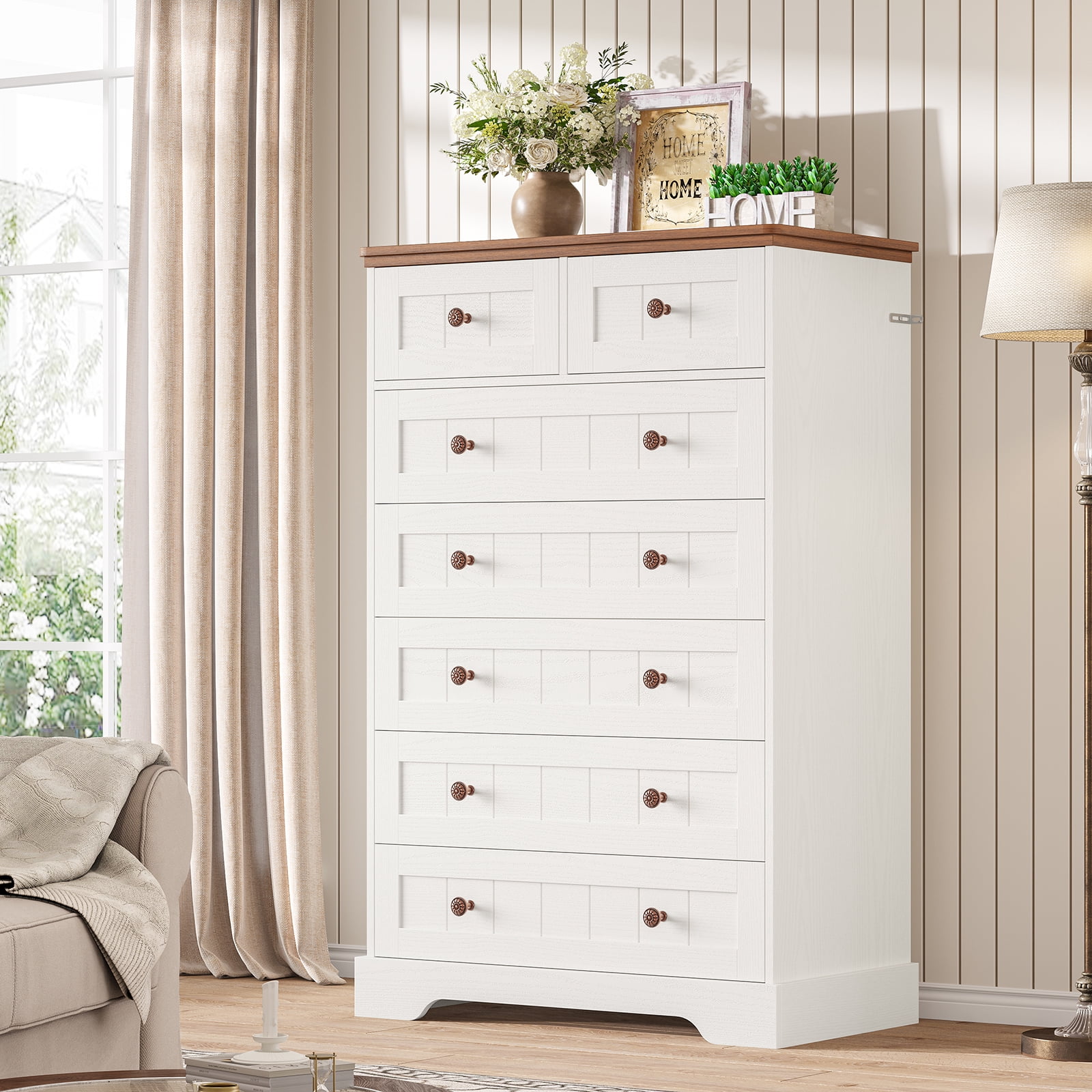 7 Drawer Dresser for Bedroom, Farmhouse Chest of Drawers Wood Storage Cabinet for Living Room, White