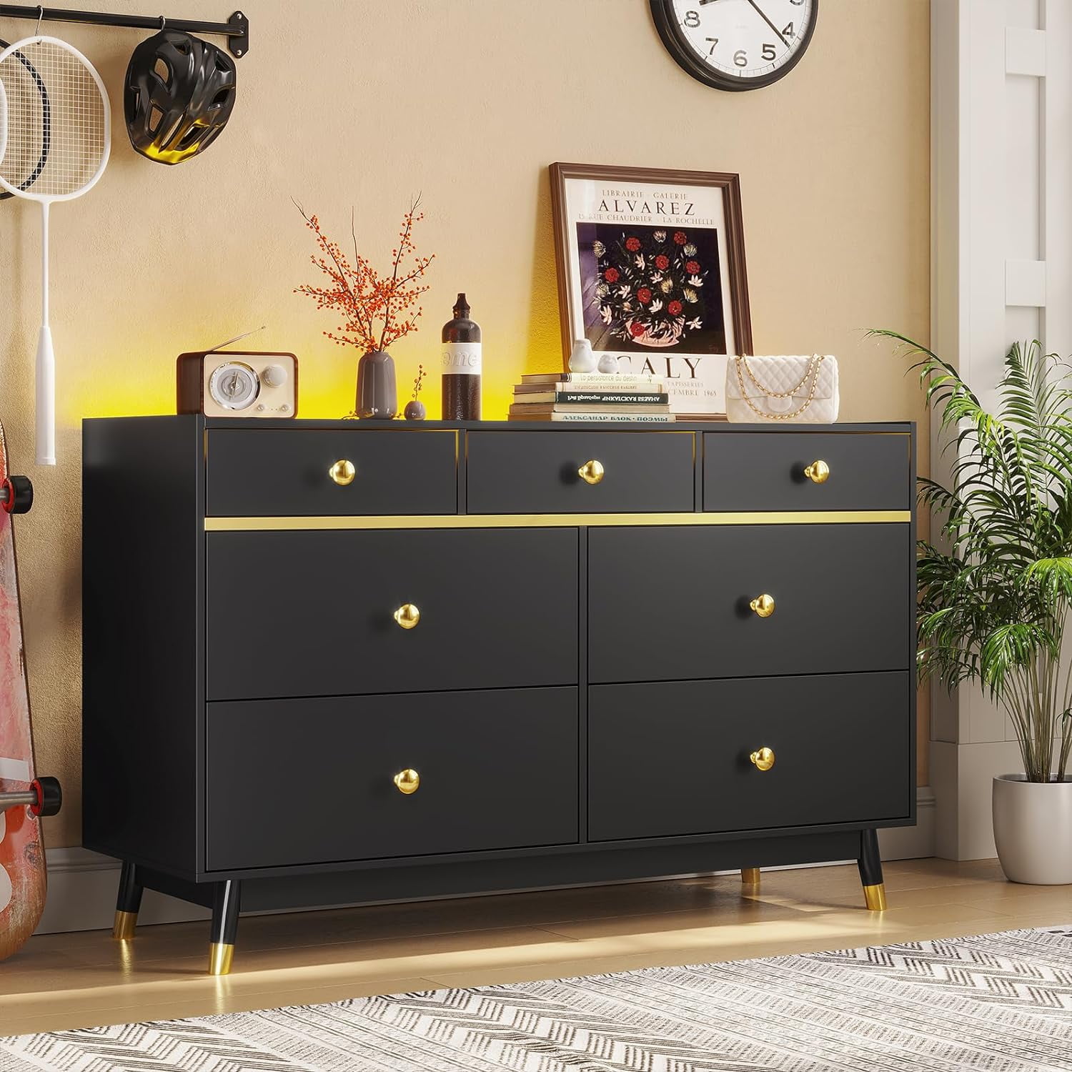 7 Drawer Dresser with Led Lights,Black Dresser for Bedroom with