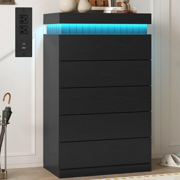 5 Drawers Dresser, Modern Floating Dressers with LED Light and Power Outlet, Chest of Drawer for Living Room, Hallway, Entryway, Black