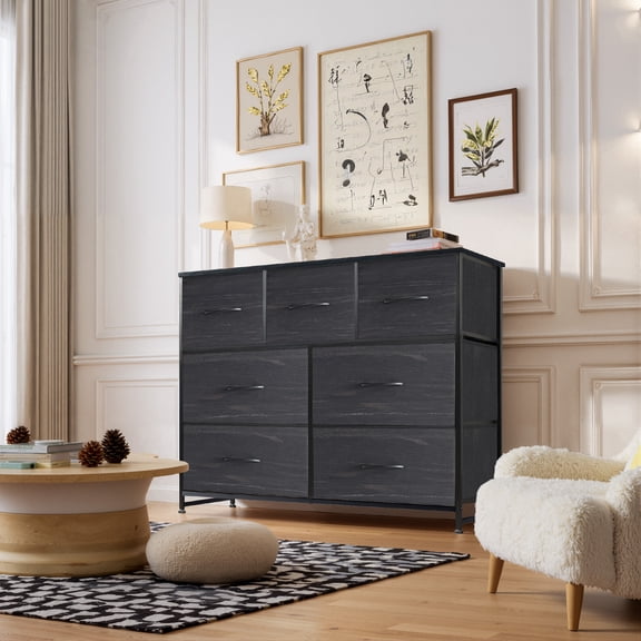 7-Drawer Fabric Dresser, Horizontal TV Stand & Main Bedroom Clothes Storage Unit, Metal Frame with Wooden Top, Black