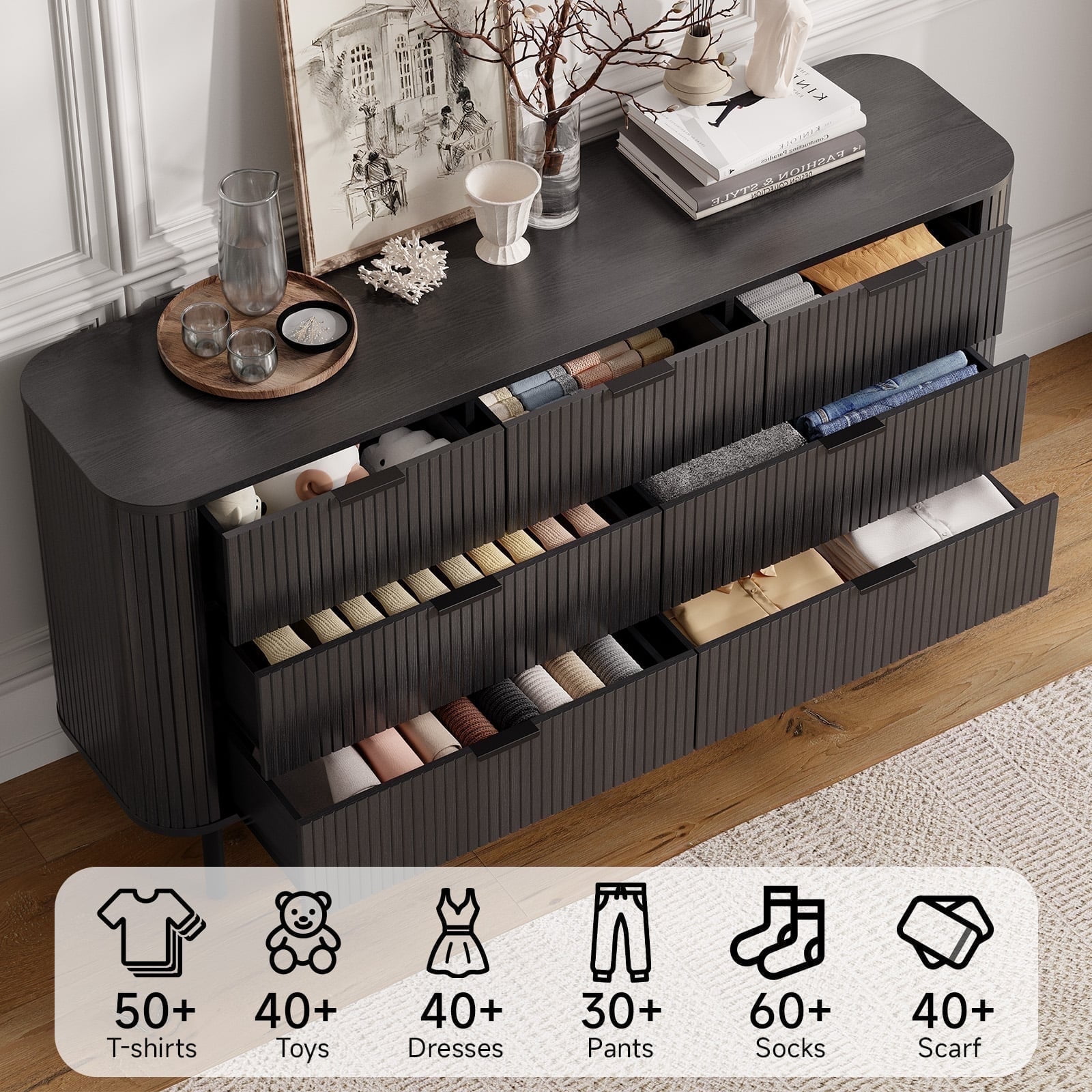 7-Drawer Fluted Dresser for Bedroom, 60 Inch Wide Modern Wood Chest ...