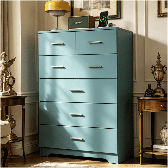 7-Drawer Home Office Storage Cabinet with Built-In Outlet, Light Green MDF Organizer for Study Room and Work from Home Setup