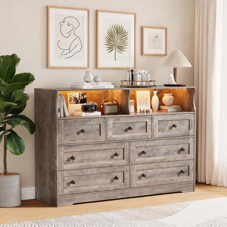 7 Drawer MDF Storage Dresser With Multi-Port Charging Station And