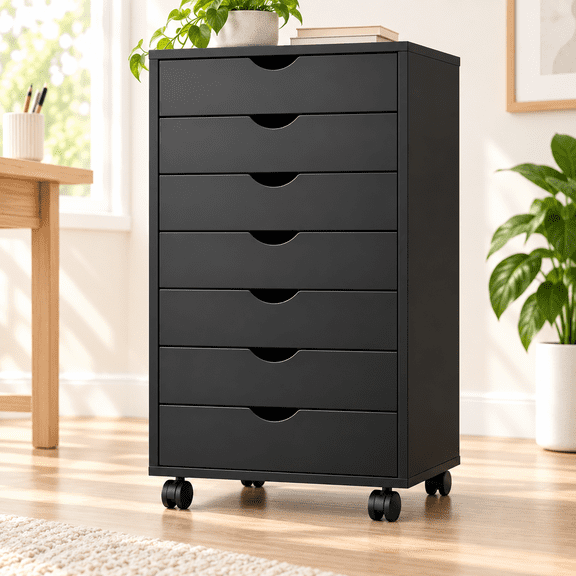 7 Drawer Mobile Storage Cabinet with Wheels, Wooden Office Filing Cabinet Dresser Chest, Rolling Storage Organizer Cart for Home, Office, Bedroom