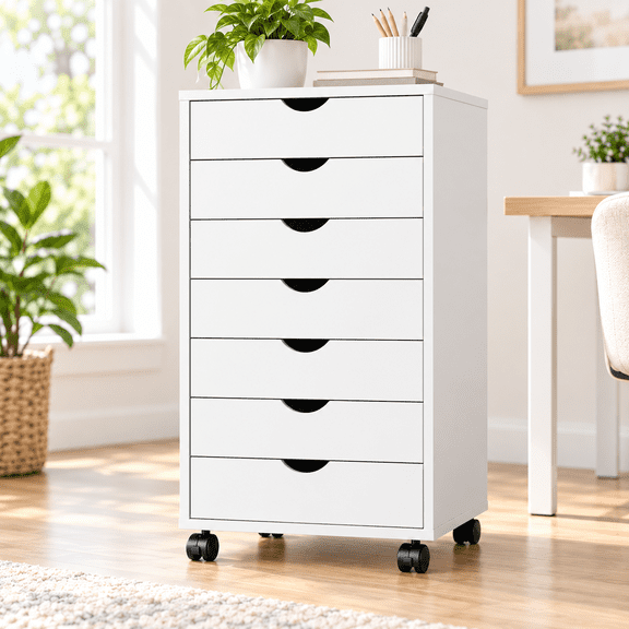 7 Drawer Mobile Storage Cabinet with Wheels, Wooden Office Filing Cabinet Dresser Chest, Rolling Storage Organizer Cart for Home, Office, Bedroom