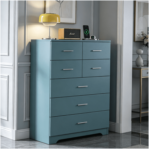 7-Drawer Office Desk with Built-In Power Outlet, Storage Cabinet for Computer and File Organization, Light Green MDF Workstation