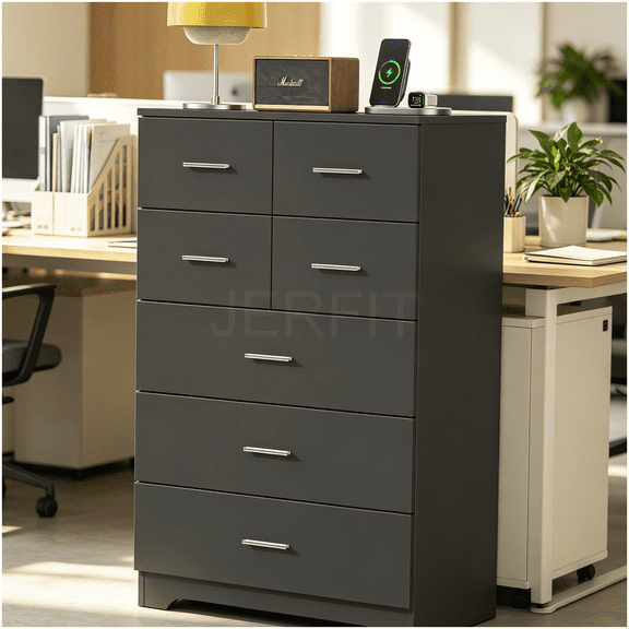7-Drawer Office Desk with Built-in Power Outlet and Storage, Black MDF Computer Desk for Home Office