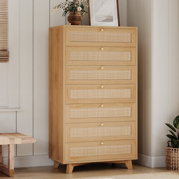 7-Drawer Rattan Tall Dresser - Wooden Chest with Metal Handles & Solid Wood Legs for Bedroom/Living Room