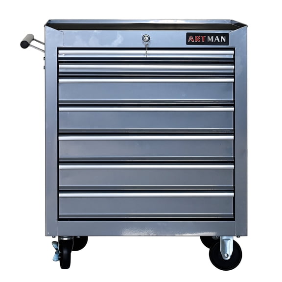 7-Drawer Rolling Tool Cart with Wheels, Silver Steel Mobile Workbench with Locking Drawers & Brake Casters for Garage Workshop Organization