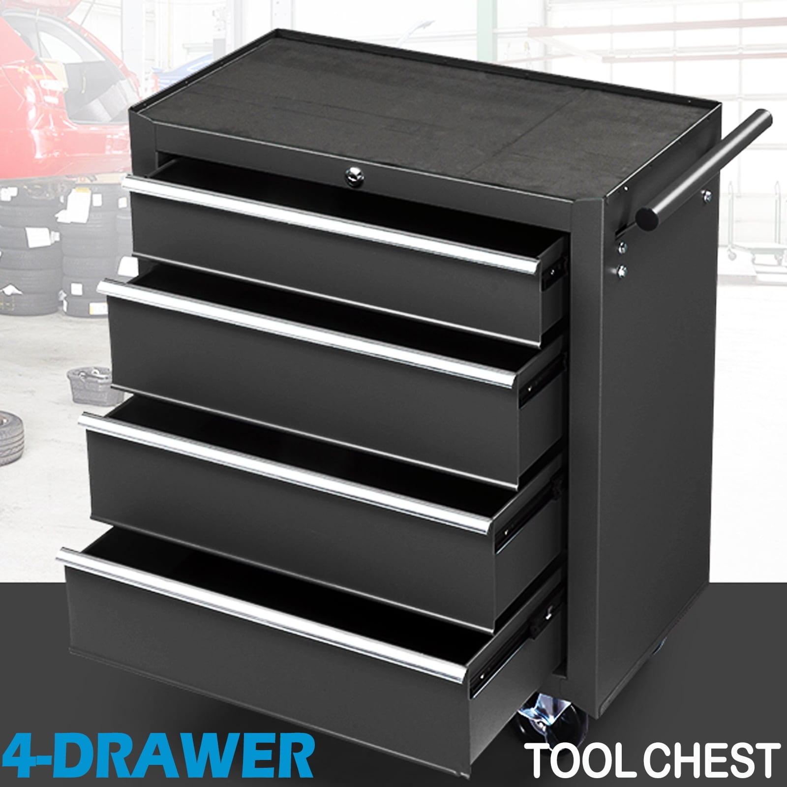 Seizeen 4-Drawer Rolling Tool Box, Garage Tool Chest Large Capacity, Lockable Tool Cart Organizer on Wheels with Sliding Drawers, Black