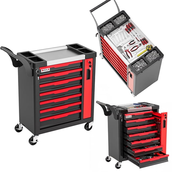 7-Drawer Rolling Tool Chest with Lock, Large Mobile Tool Cart & Cabinet for Garage Workshop Storage, Red