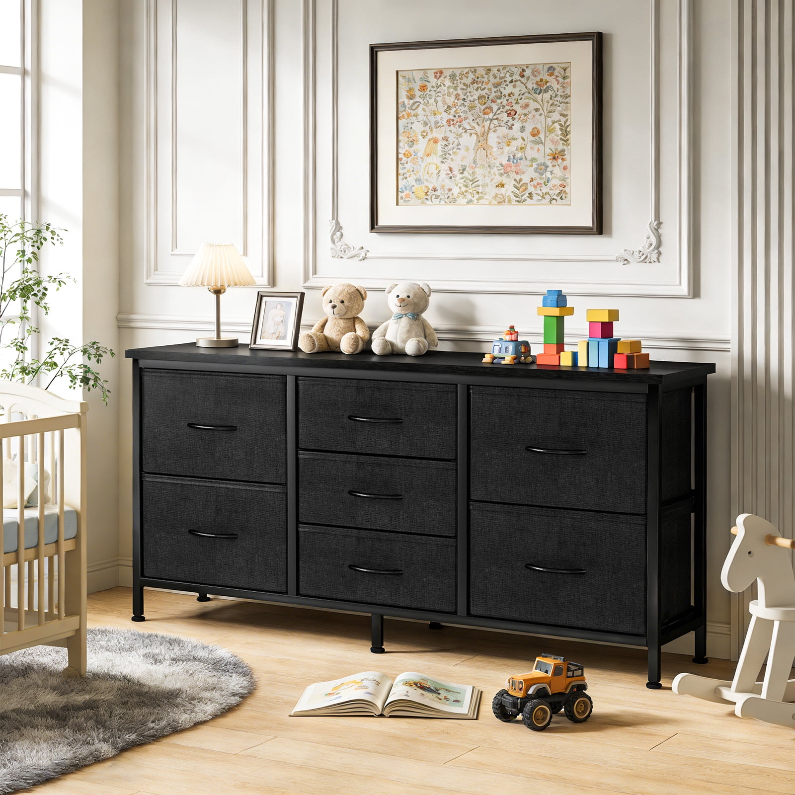 7-Drawer Storage Dresser, TV Stand with Storage, Organize Cabinet for Living room, Entry Way, Office, Black