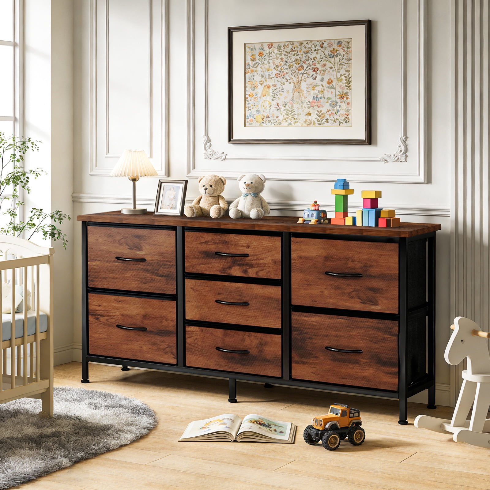 7-Drawer Storage Dresser, TV Stand with Storage, Organize Cabinet for Living room, Entry Way, Office, Brown