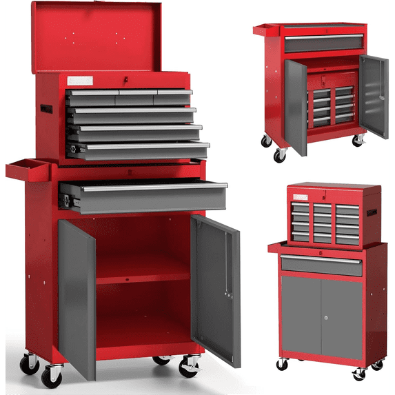 7-Drawer Tool Chest with Wheels | 40'' H Rolling Tool Chest | Detachable Top Metal Tool Box | Garage Storage Cabinet for Repair Room | Rolling Tool Box with Hooks,Liners,Tray Divider | Red