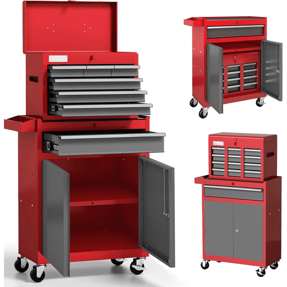 7-Drawer Tool Chest with Wheels | 40'' H Rolling Tool Chest | Detachable Top Metal Tool Box | Garage Storage Cabinet for Repair Room | Rolling Tool Box with Hooks,Liners,Tray Divider | Red