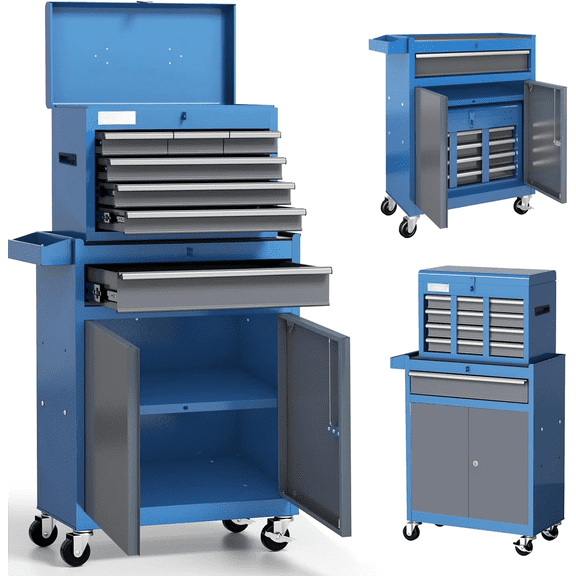 7-Drawer Tool Chest with Wheels | 40'' H Rolling Tool Chest | Detachable Top Metal Tool Box | Garage Storage Cabinet for Repair Room | Rolling Tool Box with Hooks,Liners,Tray Divider | Blue