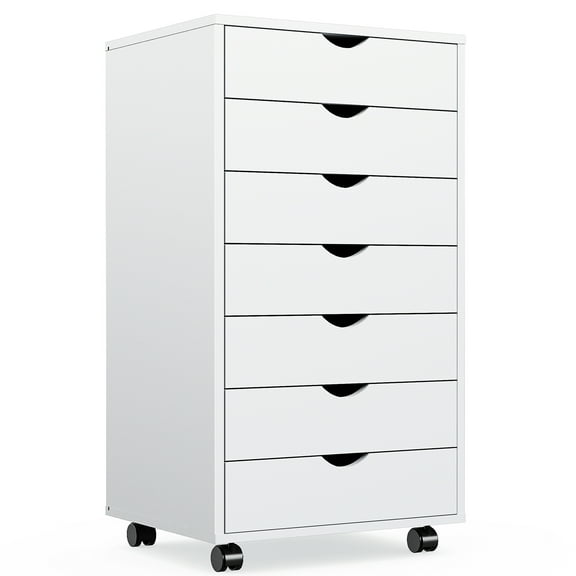 7-Drawer Vertical Wooden Storage Chest, White Rolling Mobile File Cabinet with Casters, Multi-Functional Under Desk Printer Stand, Perfect for Home Office Document & Sundries Organization