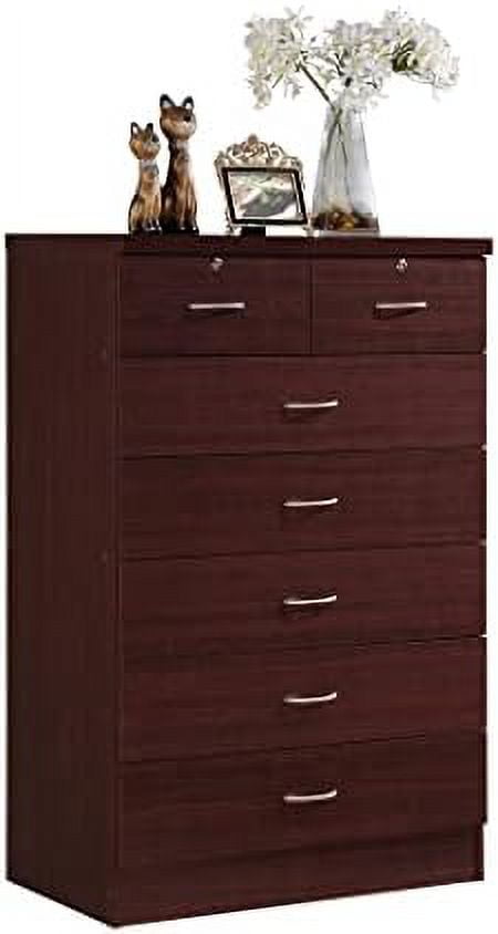 Mahogany Vertical 7-Drawer Dresser Chest with Dual Locks