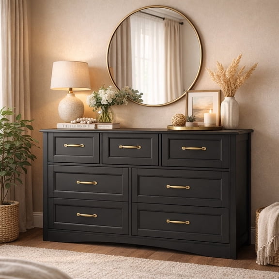 7 Drawers Dresser, 47" Wide Chest of Drawer, Modern Storage Organizer with Metal Handles, for Bedroom, Living Room, Hallway, Office, Entryway, Black