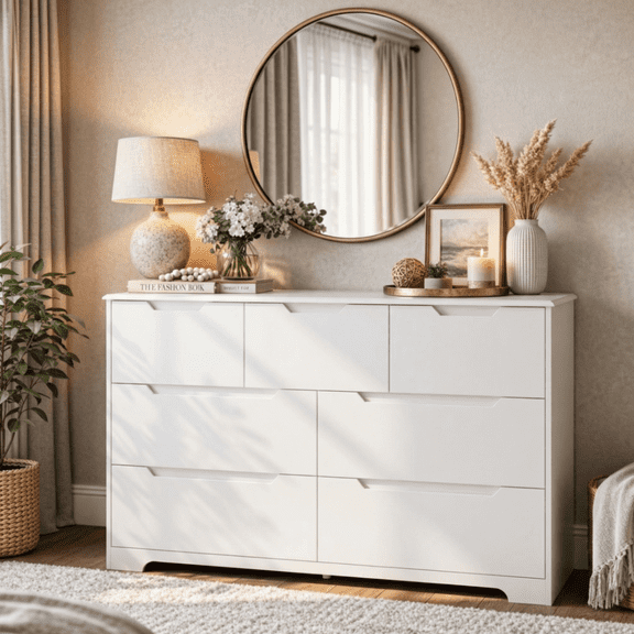 7 Drawers Dresser, 47" Wide Chest of Drawers with Handle Free Design, Modern Storage Organizer with Metal Handles, for Bedroom, Living Room, Hallway, Office, Entryway, White