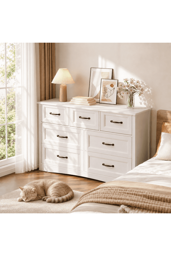 7 Drawers Dresser for Bedroom, Aiho 47" Modern Wooden Storage Chest with 4 Large & 3 Small Drawers, Metal Pull Handles and Anti-Tip Safety Design for Living Room Entryway Hallway