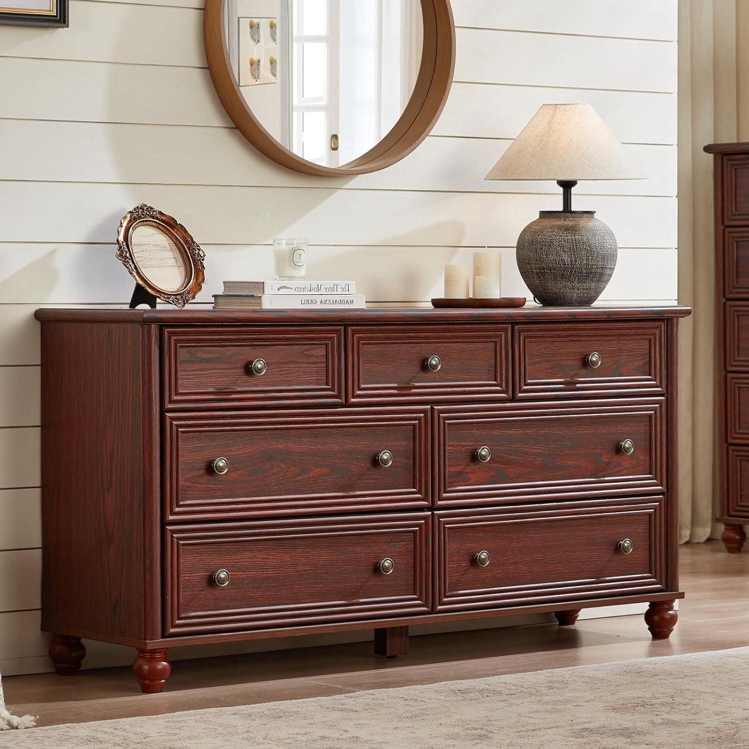 7 Drawers Dresser for Bedroom, Farmhouse 54" Wood Dressers Chest of Drawers, Vintage Design TV Stand, Rustic Storage Dresser Closet for Living Room, Red Oak