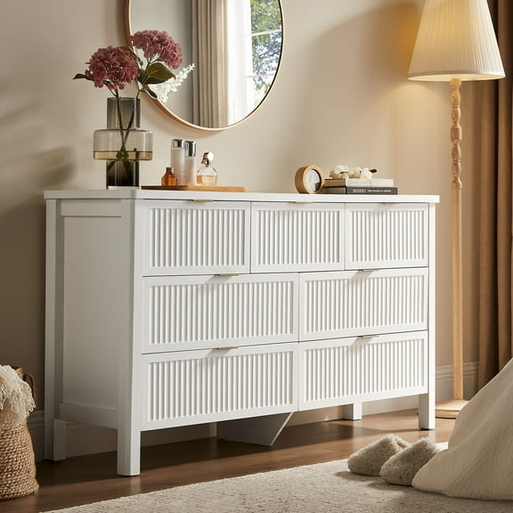 7 Drawers Dresser Fluted for Bedroom, 55 Inch Wide Modern Wood Chest of Drawers, Mid Century Chests Drawer Clothing Organizer for Hallway (White)