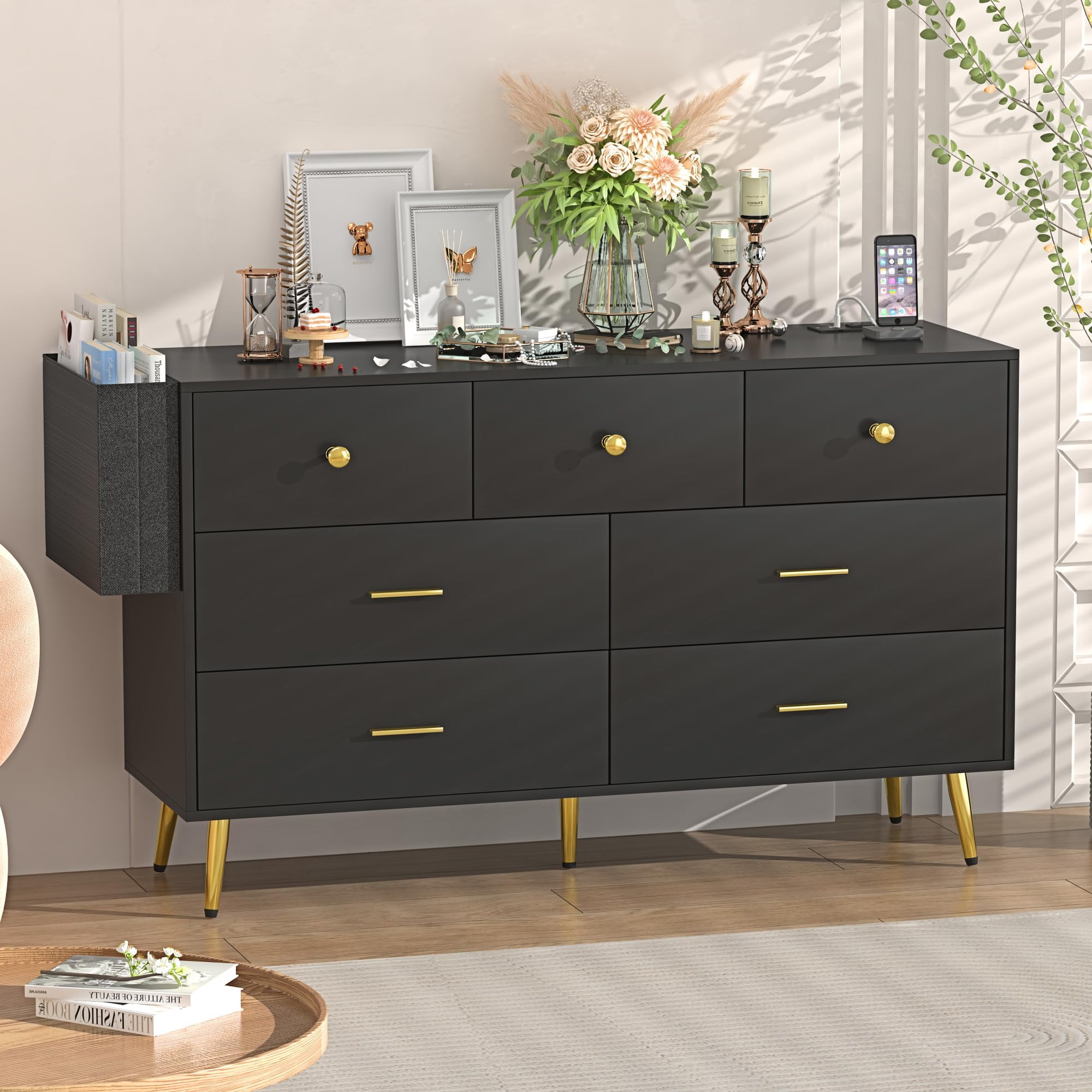 "7 Drawers Dresser, 55"" Long Black Dresser with Gold Legs, Mid-Century ...