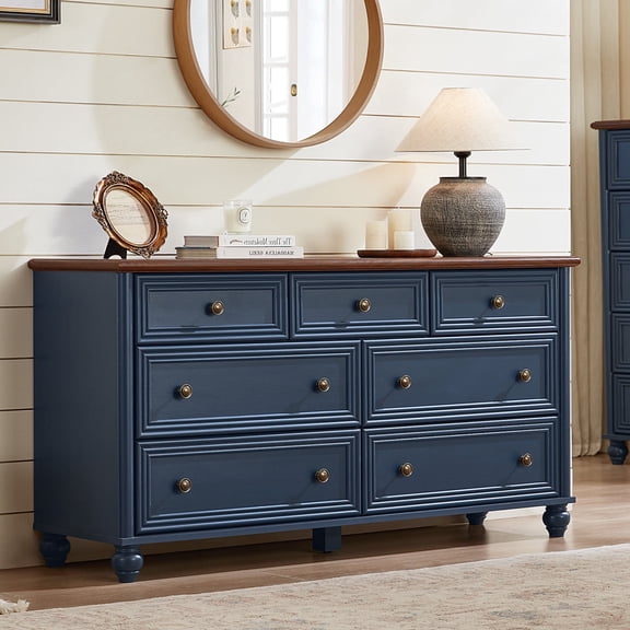 LELELINKY 7 Drawers Dresser for Bedroom, Farmhouse Chest of Drawer with Metal pull Handle, Wood Storage Cabine for Living Room, Hallway and Bedroom, Blue