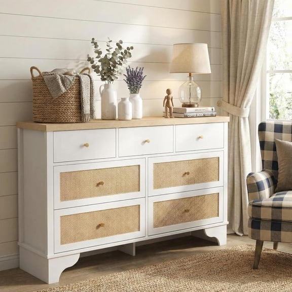 7 Drawers Dresser with Rattan Weave Panels 47.3In Wide for Bedroom Living Room Hallway - White