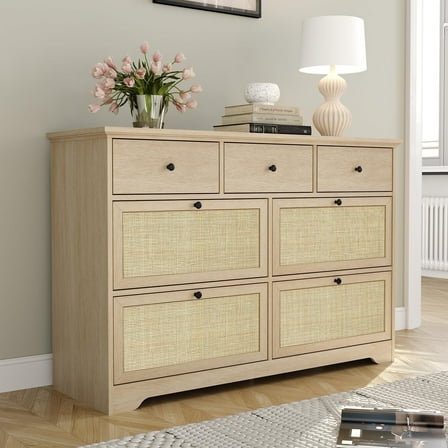 Brafabhome Rattan Dresser, Natural 7 Drawers Combo Double Dresser, Modern Wicker Chest for Bedroom Living Room Hallway | Beige