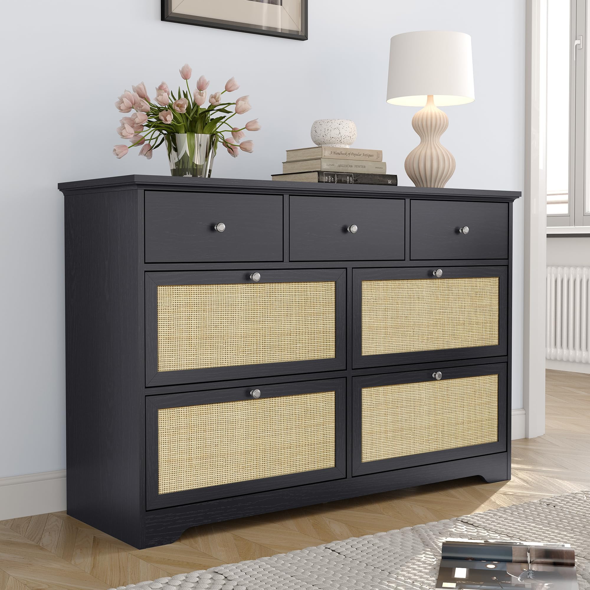 7 Drawers Natural Rattan Dresser for Bedroom, Mid Century Modern