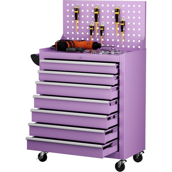 7 Drawers Rolling Tool Box with Pegboard,Portable Tool Chest with Wheels, Tool Box Organizer with Locking System for Garage, Purple