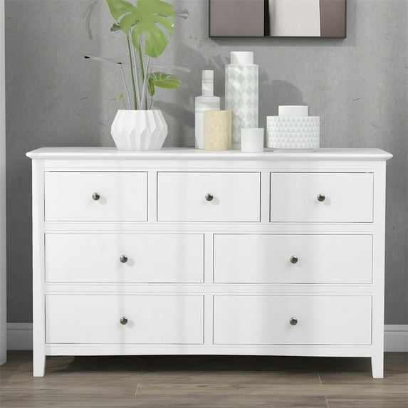 7 Drawers Solid Wood Lingerie Chest in White, Long Dresser Storage Chest Cabinet Nightstand with Antique Silver Handles, Chest of Drawers, Dresser for Bedroom with 7 Drawers, Easy Installation, White