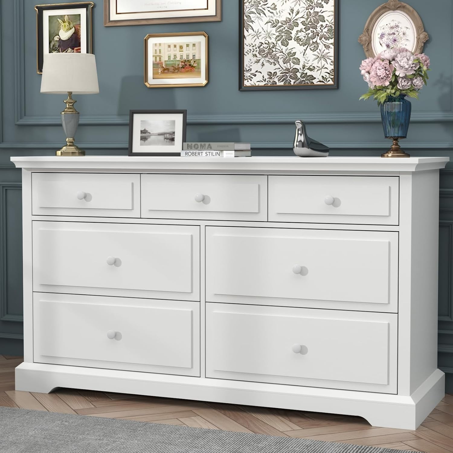 7 Drawers White Dressers Chests for Bedroom Large Storage Dressers Organizer for Bedroom Long Dresser Tv Stand Vintage Solid Tall Closet Dressers