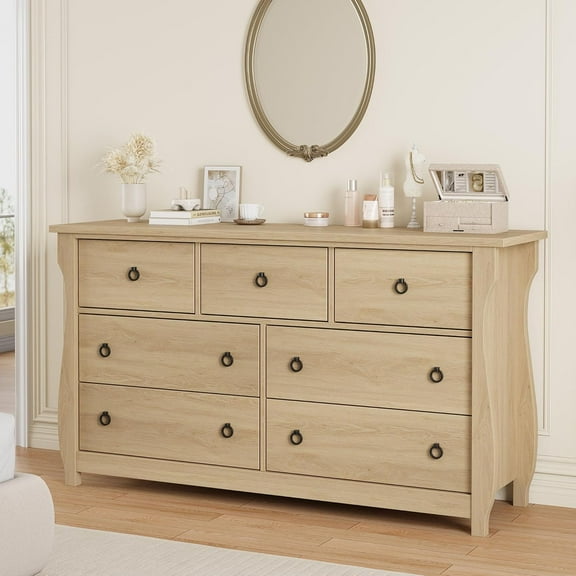 7 Dresser for Bedroom, 54" Wide Drawer Dresser with Storage Freestanding, Wooden Closet Storage Chest for Living Room, Bedroom, Entryway, （White， Natural Oak）